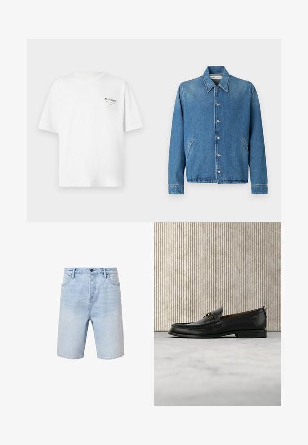 Lyseblå denimjakke med spids krave, knaplukning, sidelommer og lange ærmer med rene, kantede kanter.; Hvid kortærmet bomulds T-shirt med lille sort "ALLSAINTS" tekst og japanske tegn trykt på venstre bryst.; Lyseblå denimshorts med regular fit, fem-lomme design og knaplukning. Har subtilt slid og syet kant.; Sort læderloafers med guldfarvet metaldekoration og "HUGO" branding, vist mod en beige tæppe og brunt gennemsigtigt møbel.