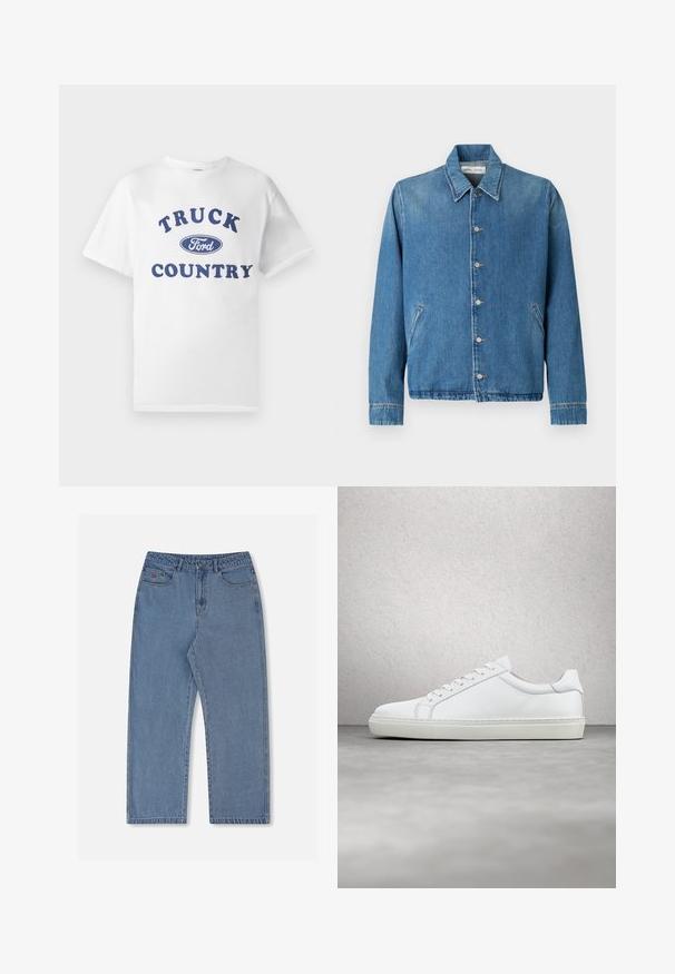 Lyseblå denimjakke med spids krave, knaplukning, sidelommer og lange ærmer med rene, kantede kanter.; Hvid bomulds t-shirt med blå trykt tekst "TRUCK COUNTRY" og et blåt ovalt "Ford"-logo i midten. Korte ærmer og rund hals.; Lyseblå denimjeans med løs pasform, lige ben, fem lommer og lukning med knap. Har et diskret rødt logo på forlommen.; Hvide sneakers med en glat læderoverdel og lav profil. Har en rund tå, seks snørehuller og en tekstureret gummisål.