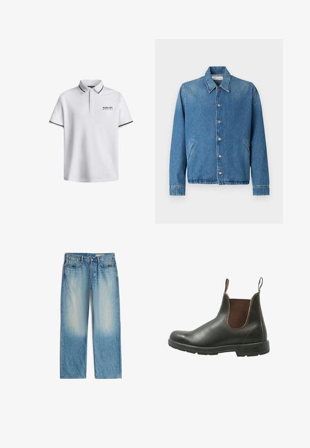 Veste en jean bleu clair, avec un col pointu, des fermetures à boutons, des poches latérales et des manches longues aux bords soigneusement ourlés.; Polo shirt blanc avec un col classique, des manches courtes, mettant en avant des accents noirs sur les manches et le logo "Red Bull Racing" sur la poitrine.; Jean bleu clair à jambes droites avec légère décoloration sur l'avant des cuisses, modèle cinq poches et fermeture par bouton à la taille.; Bottines Chelsea en cuir noir lisse avec des panneaux élastiques marron sur les côtés, des coutures contrastantes et une semelle en caoutchouc texturée.