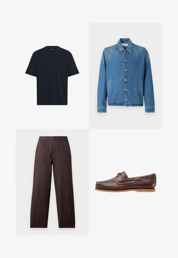 Lyseblå denimjakke med spids krave, knaplukning, sidelommer og lange ærmer med rene, kantede kanter.; Marineblå bomulds T-shirt med rund hals, korte ærmer og en afslappet pasform. Glat tekstur uden synlige mønstre eller accenter.; Wrangler WORK PANT - Bukser - mole; Brun læder bådsko med hvide sømme, snøre detaljer og lysbrun gummisål, vist fra siden på hvid baggrund.