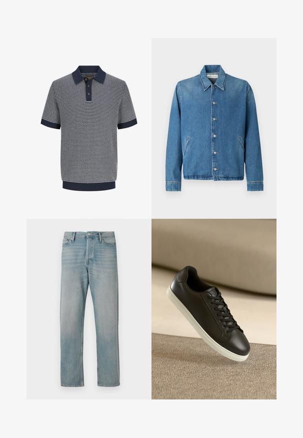 Veste en jean bleu clair, avec un col pointu, des fermetures à boutons, des poches latérales et des manches longues aux bords soigneusement ourlés.; Polo homme à manches courtes en maille bleu marine et blanche avec motif ondulé, patte de boutonnage à trois boutons, col, manches et ourlet côtelés.; Jeans en denim bleu clair avec une coupe droite, présentant cinq poches classiques, une fermeture à bouton et un léger dégradé pour ajouter de la texture.; Baskets en cuir noir avec une semelle en caoutchouc blanc et des lacets noirs, posées sur une surface et un fond en tissu beige.