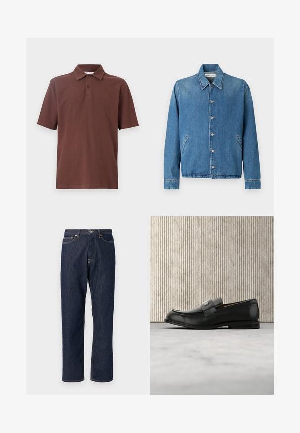 Chaqueta vaquera en azul claro, con cuello puntiagudo, cierre de botones, bolsillos laterales y mangas largas con bordes acabados limpiamente.; Camiseta polo marrón hecha de tela transpirable, con un cuello clásico y una tapeta de tres botones, con un logo sutil en el pecho.; Jeans de mezclilla azul oscuro con un diseño de pierna recta. Cuenta con un cierre de botón y cremallera, cinco bolsillos y detalles de costura en contraste.; Mocasín de cuero negro con una placa metálica de marca apoyado cerca de una mesa redonda marrón sobre un suelo alfombrado beige.