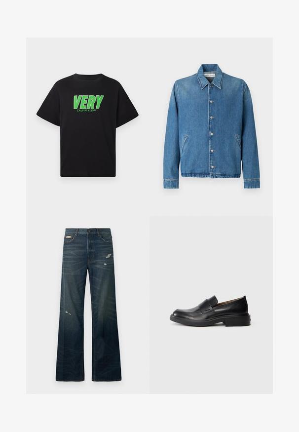 Lyseblå denimjakke med spids krave, knaplukning, sidelommer og lange ærmer med rene, kantede kanter.; Sort kortærmet t-shirt med fed grøn "VERY" tekst og en mindre "CALVIN KLEIN" logo trykt nedenfor i midten foran.; Bredde ben, mørk denimjeans med lys falmning og slidte områder. Har knaplukning og klassisk fem-lomme-design.; Sorte læder slip-on dress sko med lav hæl og subtil Calvin Klein logo på siden, vist i profil på en hvid baggrund.