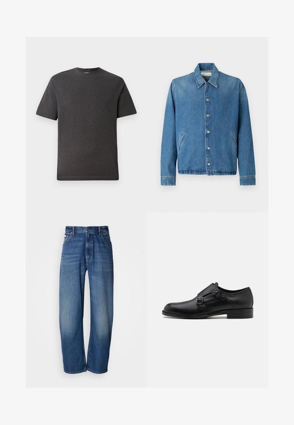 Chaqueta vaquera en azul claro, con cuello puntiagudo, cierre de botones, bolsillos laterales y mangas largas con bordes acabados limpiamente.; Camiseta de manga corta gris, hecha de una tela suave y ligera, con cuello redondo y costuras mínimas. Apta para uso casual.; Jeans vaqueros de pierna ancha en un tono azul medio. Cuentan con cremallera, cinco bolsillos y un ligero desgaste para un aspecto usado. Detalle clásico de costuras.; Zapato de vestir de cuero negro con doble hebilla, silueta elegante y punta redonda. Cuenta con un tacón bajo y una textura suave.