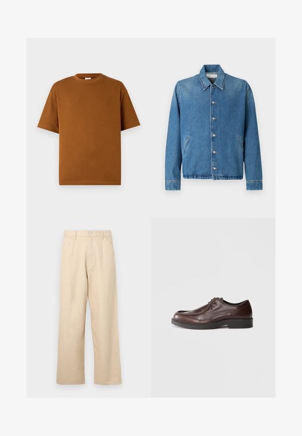 Lyseblå denimjakke med spids krave, knaplukning, sidelommer og lange ærmer med rene, kantede kanter.; Brun kortærmet t-shirt lavet af blødt stof, med rund halsudskæring og afslappet pasform med lige kant. Ingen synlige mønstre eller accenter.; Beige bredde benbukser lavet af denim med en tekstureret finish, der har en frontlukning med knap og klassisk femlomme-design.; Brune lædersko med rund tå, minimal syning og en solid sort sål. Har snørelukning og en glat overflade.