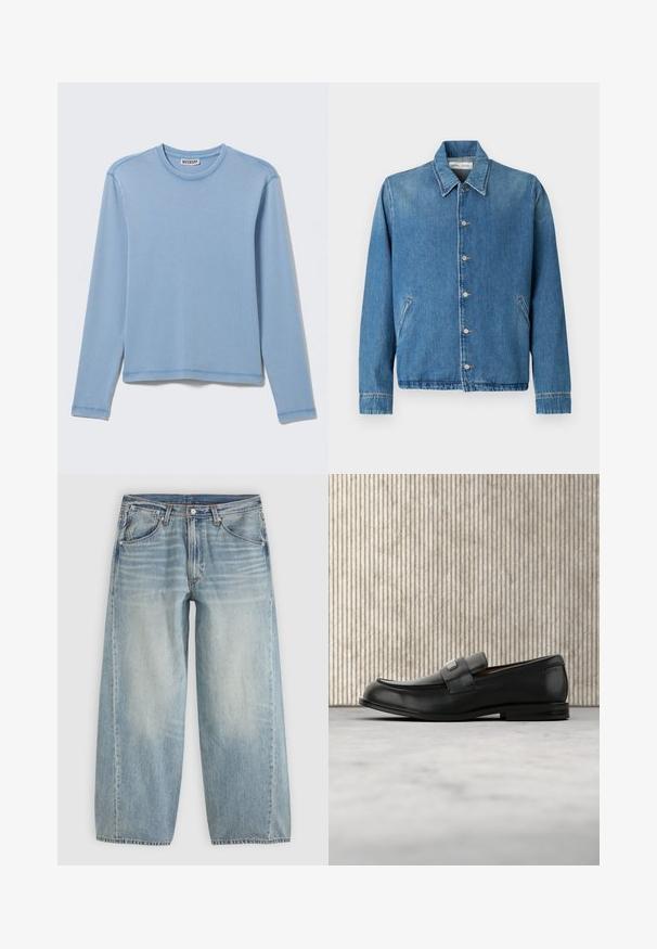 Veste en jean bleu clair, avec un col pointu, des fermetures à boutons, des poches latérales et des manches longues aux bords soigneusement ourlés.; Chemise bleu clair à manches longues avec col rond et une petite étiquette "Weekday" à l’intérieur du col, posée à plat sur un fond clair.; Jean en denim bleu clair à jambes larges avec poches avant, passants pour ceinture, fermeture par boutons et légère décoloration sur les cuisses sur un fond uni.; Mocassin en cuir noir avec une plaque de marque en métal reposant près d'une table ronde marron sur un sol recouvert de moquette beige.