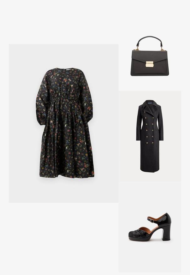 Long manteau en laine gris foncé à double boutonnage avec larges revers, six boutons dorés, manches longues et poches plaquées sur le devant.; Robe noire à motifs floraux avec manches longues, taille froncée et jupe à volants. Présente un motif floral coloré et une texture de tissu lisse.; Chaussure Mary Jane en cuir verni noir avec bout arrondi, détail texturé, bride de cheville avec boucle, et talon moyen épais sur fond blanc.; Sac à main en cuir gris avec un design structuré, comportant une poignée supérieure, des ferrures en or et une fermeture à rabat avec un fermoir rectangulaire.