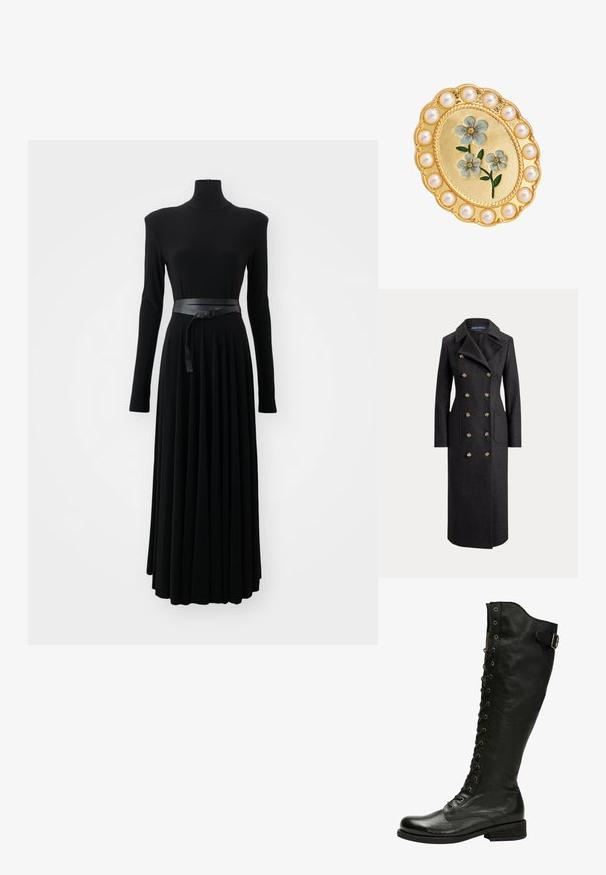 Lange donkergrijze double-breasted wollen jas met brede revers, zes gouden knopen, lange mouwen en steekzakken aan de voorkant.; Norma Kamali SHOULDER PAD TURTLE FLARED DRESS TO MIDCALF - Jerseyjurk - black; Zwarte leren kniehoog laars met vetersluiting aan de voorkant, zilveren oogjes en een bucklet aan de zijkant. Heeft een gestructureerde afwerking en een gestapelde hak.; Gouden ovale broche met blauwe emaillen bloemen in het midden, omringd door een rand van ronde witte parels.