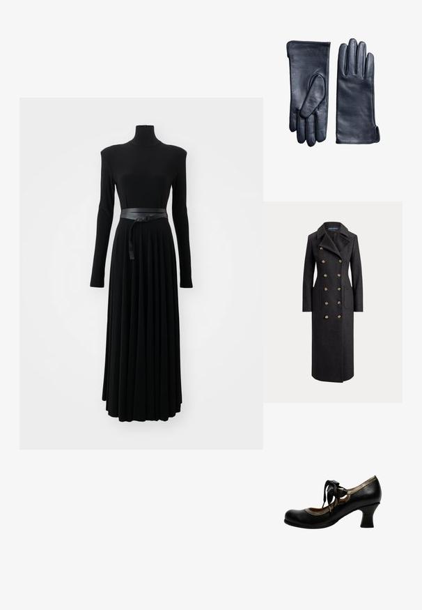 Lange donkergrijze double-breasted wollen jas met brede revers, zes gouden knopen, lange mouwen en steekzakken aan de voorkant.; Norma Kamali SHOULDER PAD TURTLE FLARED DRESS TO MIDCALF - Jerseyjurk - black; Zwarte leren schoen met middelhoog hakje, metallic afwerking, ronde neus en zwarte lintveter geknoopt in een strik aan de zijkant.; Een paar zwarte leren handschoenen, één toont de palmzijde en de ander de achterkant met gedetailleerd stiksel op een witte achtergrond.
