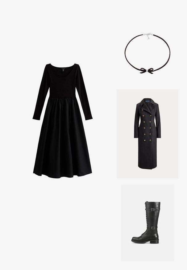 Abrigo largo de lana gris oscuro de doble botonadura con solapas anchas, seis botones dorados, mangas largas y bolsillos de parche delanteros.; Vestido negro con un top ajustado de manga larga, escote redondeado y una falda fluida y fruncida. Hecho de una tela suave con un acabado mate.; Botas altas de cuero negro con cordones en la parte delantera, hebillas en los laterales, textura suave, punta redondeada y un tacón bajo resistente.; Choker de ante negro con un pequeño bead plateado central y un detalle de lazo, que cuenta con un cierre simple y una cadena ajustable.