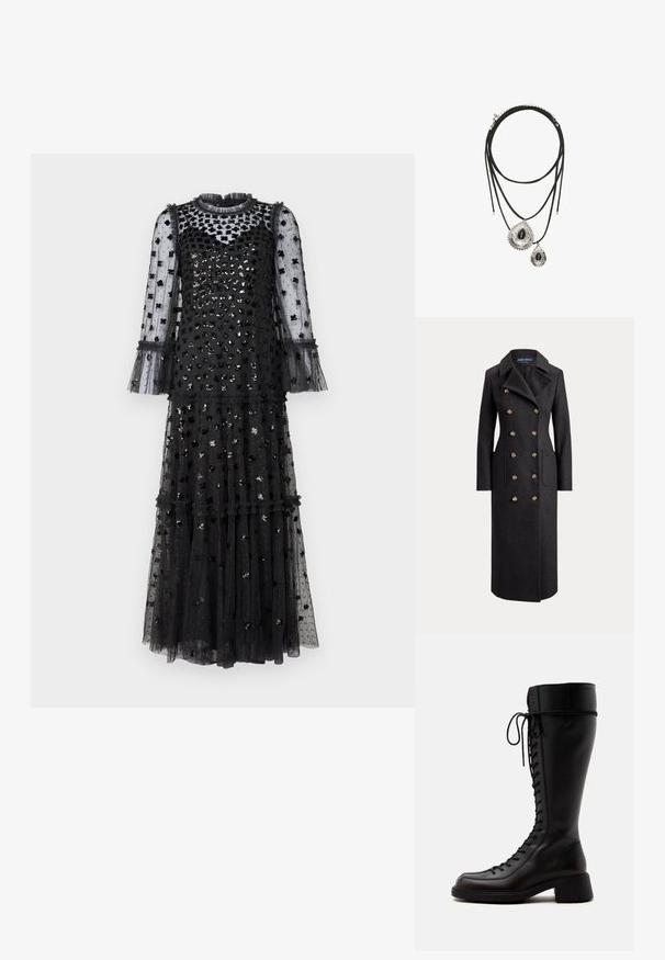 Long manteau en laine gris foncé à double boutonnage avec larges revers, six boutons dorés, manches longues et poches plaquées sur le devant.; Needle & Thread GLISTEN TIERED GOWN - Robe de cocktail - graphite; Grande botte noire en cuir à lacets avec un petit talon bloc et un bout arrondi vue de côté sur fond blanc.; Collier double couche en cordon noir avec deux pendentifs en forme de goutte d'argent, chacun ornée d'un centre en pierre noire et de bords décoratifs.