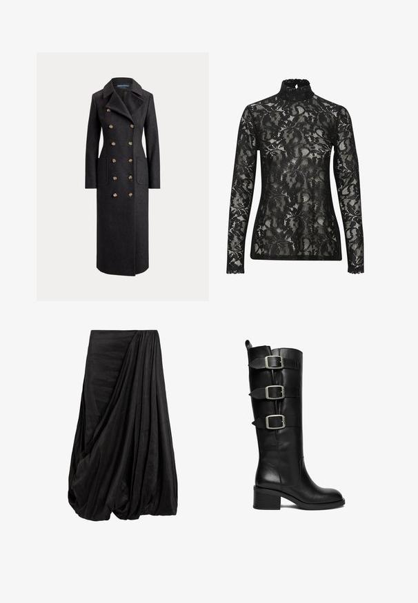 Lang mørkegrå dobbeltradet uldfrakke med brede revers, seks gyldne knapper, lange ærmer og forlommer med klap.; Sort blondelace turtleneck top med lange ærmer, der har et indviklet blomstermønster og en bølget halsudskæring. Gennemsigtigt, struktureret stof.; Sort draperet nederdel lavet af et glat stof, der har indviklede folder og en flydende silhuet med en samlet taljedetalje.; Sort læderstøvle til knæet med tre justerbare sølvspænder og en lav blokhæl på hvid baggrund.