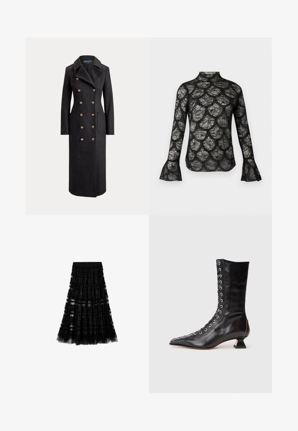 Long manteau en laine gris foncé à double boutonnage avec larges revers, six boutons dorés, manches longues et poches plaquées sur le devant.; Haut en dentelle noire avec col montant et manches longues évasées, présentant un motif festonné sur tout le tissu.; Jupe en dentelle noire à volants avec ceinture élastique comportant un texte de logo subtil embossé sur la bande.; Bottine noire en cuir avec un bout pointu, laçage à l'avant, œillets en métal, petit talon block et un design épuré. Texture lisse, silhouette moderne.