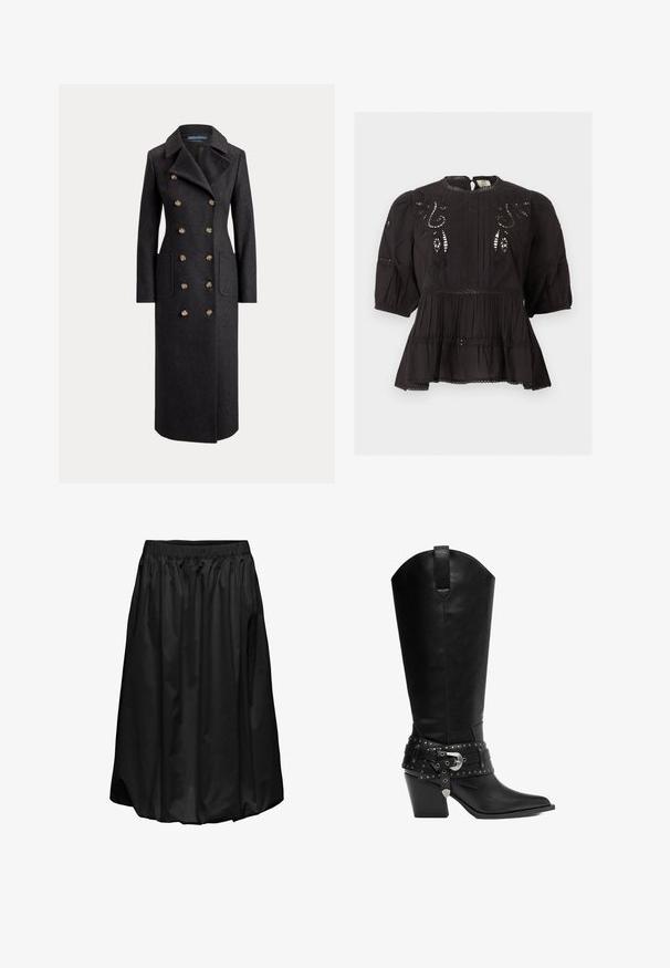 Long manteau en laine gris foncé à double boutonnage avec larges revers, six boutons dorés, manches longues et poches plaquées sur le devant.; Blouse noire avec manches bouffantes, découpes en dentelle, broderie sur la poitrine, taille plissée et petite fermeture bouton à œillet au niveau du décolleté.; Jupe noire en tissu léger. Taille élastique avec texture froncée, longueur genoux, surface lisse, sans motifs ni accents supplémentaires.; Botte de cowboy mi-mollet en cuir noir avec un bout pointu, un talon empilé et une sangle cloutée décorative avec une boucle argentée autour de la cheville.