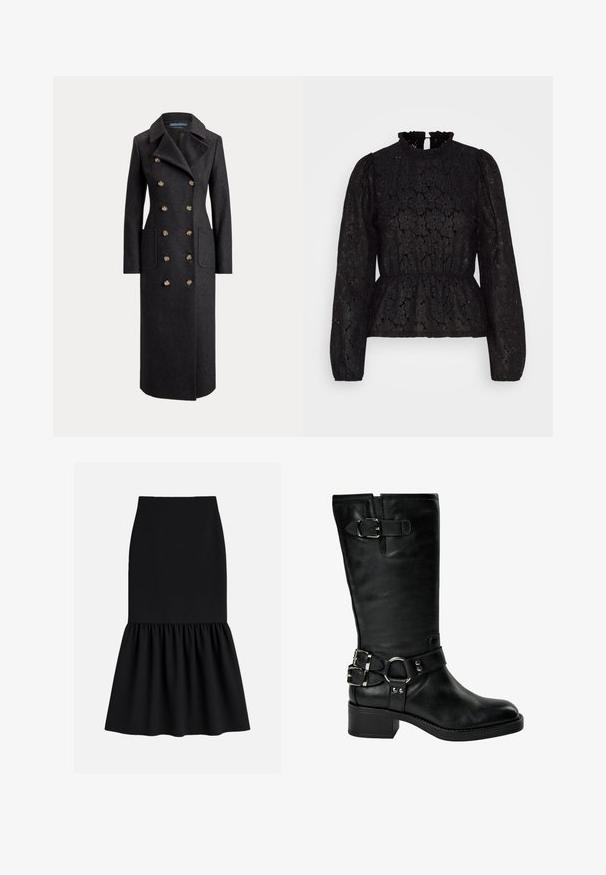Abrigo largo de lana gris oscuro de doble botonadura con solapas anchas, seis botones dorados, mangas largas y bolsillos de parche delanteros.; Pieces PCJANESSA - Camiseta de manga larga - black; Falda midi negra confeccionada en tela elástica, con cintura ajustada y parte inferior acampanada con pliegues y textura suave.; Bota negra de cuero hasta la mitad de la pantorrilla con tacón bajo y ancho, dos hebillas plateadas en el tobillo, una hebilla cerca de la parte superior y una correa con detalle de anillo metálico.