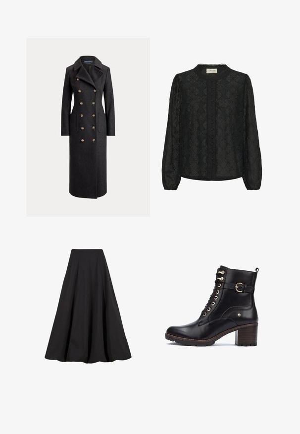 Abrigo largo de lana gris oscuro de doble botonadura con solapas anchas, seis botones dorados, mangas largas y bolsillos de parche delanteros.; Blusa negra con un patrón floral texturizado, cierre frontal de botones y mangas largas con puños elásticos. El cuello está adornado con un borde de encaje.; Falda negra de largo completo hecha de tela suave, con pliegues y cintura alta. El diseño ofrece una silueta fluida y un amplio volumen.; Botas de tobillo de cuero negro con herrajes dorados, punta redonda, diseño de cordones y un tacón grueso con acabado de madera. Presenta un acento de correa lateral.