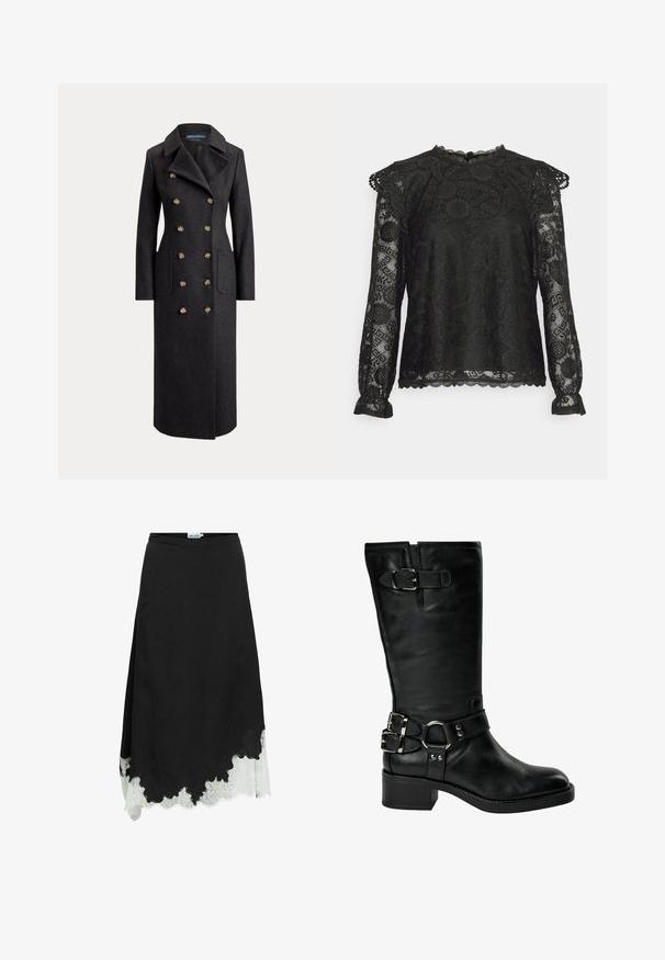 Long manteau en laine gris foncé à double boutonnage avec larges revers, six boutons dorés, manches longues et poches plaquées sur le devant.; Pieces Petite PCOLLINE - T-shirt à manches longues - black; Jupe midi noire avec un ourlet asymétrique et une dentelle blanche dépassant en dessous du bord inférieur.; Botte noire en cuir jusqu'au milieu du mollet avec un talon bas carré, deux boucles argentées à la cheville, une boucle près du haut, et une sangle avec un détail en anneau métallique.