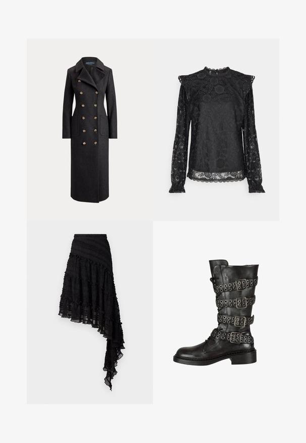 Lang mørkegrå dobbeltradet uldfrakke med brede revers, seks gyldne knapper, lange ærmer og forlommer med klap.; PIECES Tall PCOLLINE - Bluse - black; Sort asymmetrisk nederdel med teksturerede plisseringer, lagdelte flæser og en smocket talje. Letvægtsstof med en gennemsigtig finish.; Sorte læder knæhøje støvler med flere sølv spænder og hægter, med en afrundet tå og en lav blokhæl. Struktureret finish.