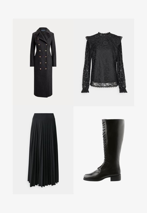 Lange donkergrijze double-breasted wollen jas met brede revers, zes gouden knopen, lange mouwen en steekzakken aan de voorkant.; PIECES Tall PCOLLINE - Blouse - black; Plisséd zwarte maxi-rok met een brede elastische tailleband. Gemaakt van zachte, vloeiende stof, met verticale plooien voor extra textuur.; Zwarte leren laarzen tot de knie met een vetersluiting aan de voorkant, ronde neus en blokhak, met een gladde textuur en geen zichtbare patronen.