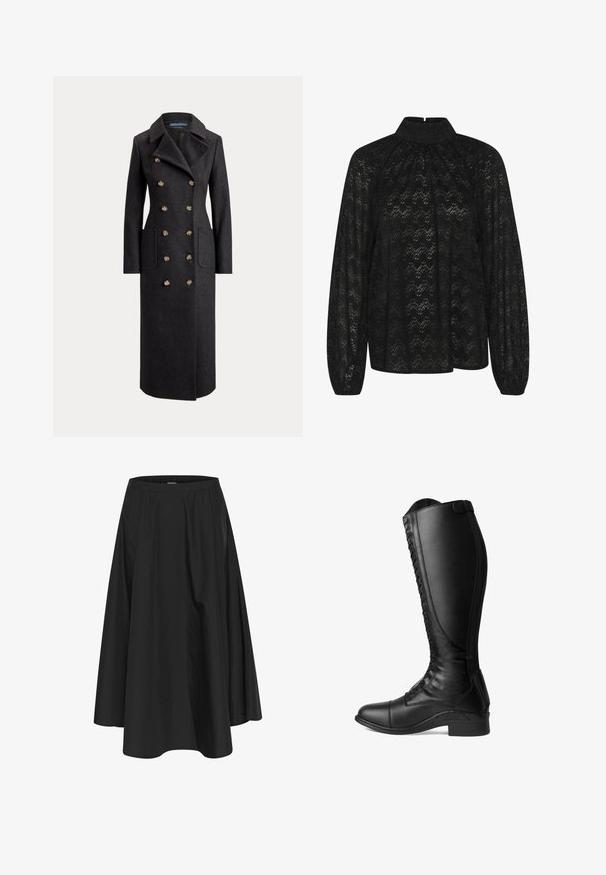 Long manteau en laine gris foncé à double boutonnage avec larges revers, six boutons dorés, manches longues et poches plaquées sur le devant.; Blouse en dentelle noire avec un col haut, des manches longues et un motif zigzag texturé. Le tissu a une qualité transparente et est fluide.; Jupe noire mi-longue avec une taille élastique, dotée de plis pour plus de volume et d'une texture lisse. Design simple et classique sans embellissements.; Bottes de moto en cuir noir avec un long empiècement, le laçage sur le devant, un bout arrondi et un talon bas. Texture lisse et design épuré.