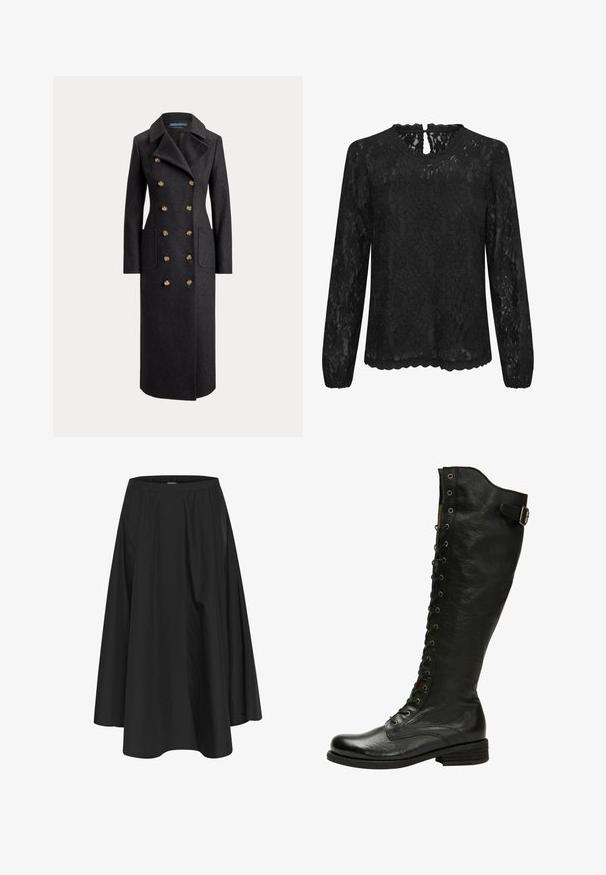 Abrigo largo de lana gris oscuro de doble botonadura con solapas anchas, seis botones dorados, mangas largas y bolsillos de parche delanteros.; Blusa de encaje negro de manga larga con escote redondo, dobladillo festoneado y detalle de ojal en la parte trasera. Patrón floral delicado en toda la prenda.; Falda negra hasta la rodilla con cintura elástica, con pliegues para dar volumen y una textura suave. Diseño simple y clásico sin adornos.; Bota de cuero negro hasta la rodilla con cordones en el frente, ojales de plata y hebilla lateral. Presenta un acabado texturizado y tacón apilado.