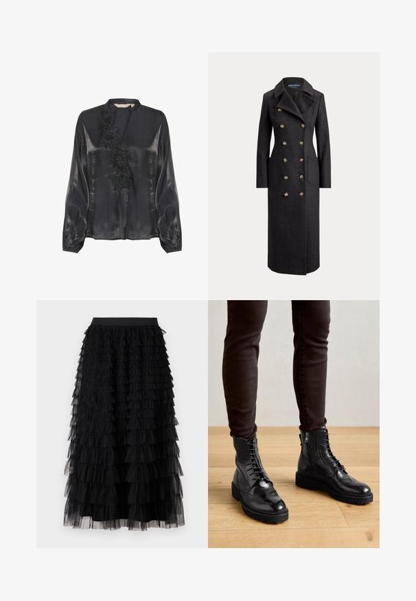 Lang mørkegrå dobbeltradet uldfrakke med brede revers, seks gyldne knapper, lange ærmer og forlommer med klap.; Culture CUFIOLA - Bluse - black; Vero Moda VMNAJA Mid waist Long - Maxinederdele - black; Sorte læder ankelstøvler med brogue-detaljer, snørebånd foran, sideskafter og teksturerede gummisåler. Matchet med mørke slim-fit bukser.