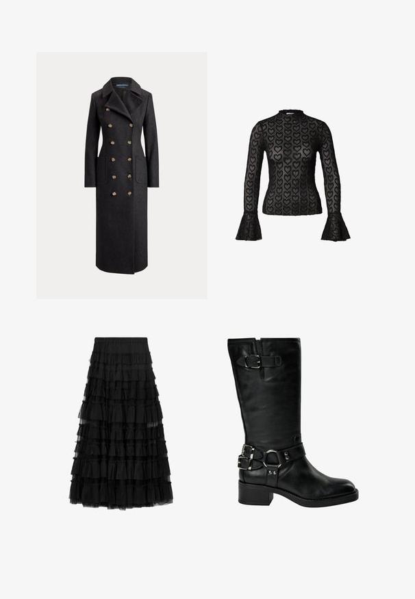 Long manteau en laine gris foncé à double boutonnage avec larges revers, six boutons dorés, manches longues et poches plaquées sur le devant.; Haut noir à manches longues avec un motif cœur transparent, col montant et poignets évasés, mettant en valeur un design texturé et superposé.; Jupe noire à volants en tulle avec plusieurs couches froncées et une ceinture élastique, présentant une texture transparente et une longueur jusqu'aux genoux.; Botte noire en cuir jusqu'au milieu du mollet avec un talon bas carré, deux boucles argentées à la cheville, une boucle près du haut, et une sangle avec un détail en anneau métallique.