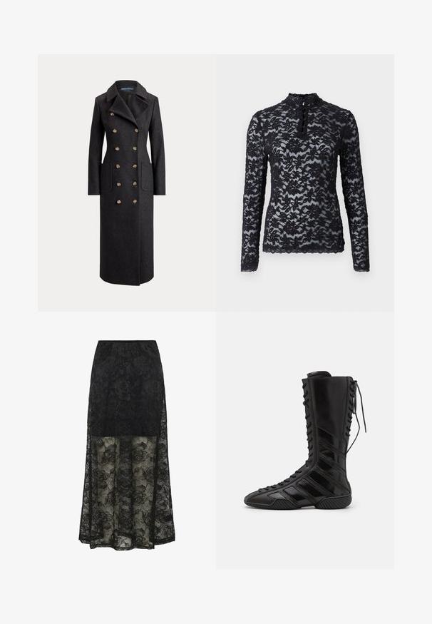 Long manteau en laine gris foncé à double boutonnage avec larges revers, six boutons dorés, manches longues et poches plaquées sur le devant.; Rosemunde T-shirt à manches longues - black; Jupe maxi en dentelle noire avec motif floral et partie inférieure transparente. La taille élastique et la section supérieure unie offrent une texture et un design contrastants.; Bottes montantes noires en matériau synthétique brillant, présentant un design de laçage sophistiqué et des accents de rayures diagonales sur les côtés.