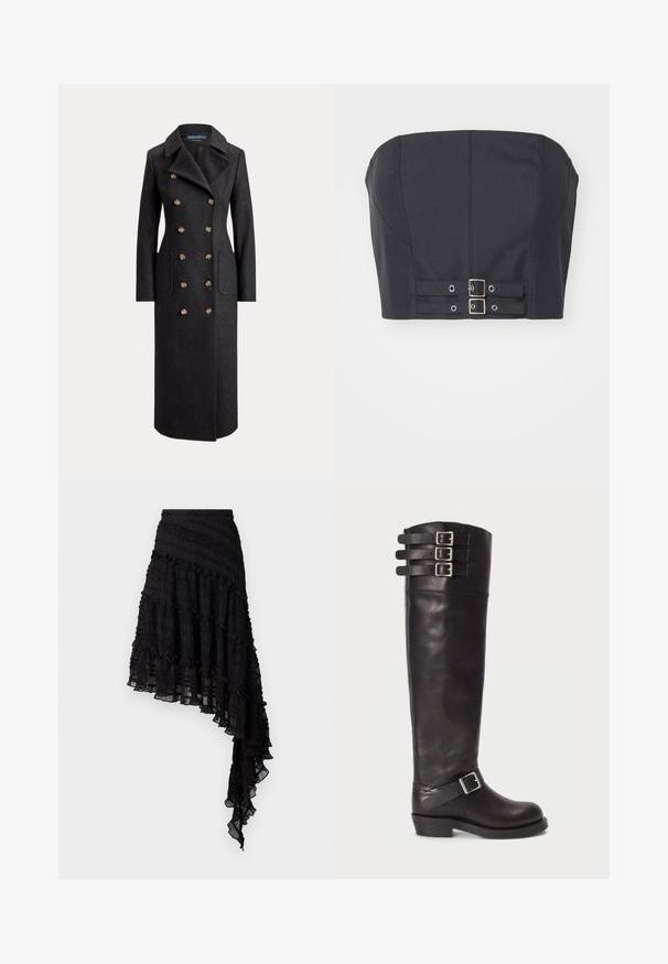 Lang mørkegrå dobbeltradet uldfrakke med brede revers, seks gyldne knapper, lange ærmer og forlommer med klap.; Sort cropped top uden stropper med struktureret bodice, der har syninge og dobbelte metalspænder foran til lukning.; Sort asymmetrisk nederdel med teksturerede plisseringer, lagdelte flæser og en smocket talje. Letvægtsstof med en gennemsigtig finish.; Sorte læder støvler til knæene med rund tå, tre spændebånd øverst og en detalje med sidebuckle. Flad sål og glat tekstur.