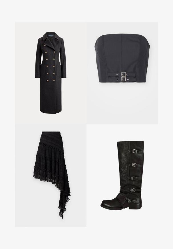 Lang mørkegrå dobbeltradet uldfrakke med brede revers, seks gyldne knapper, lange ærmer og forlommer med klap.; Sort cropped top uden stropper med struktureret bodice, der har syninge og dobbelte metalspænder foran til lukning.; Sort asymmetrisk nederdel med teksturerede plisseringer, lagdelte flæser og en smocket talje. Letvægtsstof med en gennemsigtig finish.; Sorte læder knæhøje støvler med struktureret overflade, tætsiddende design og fem justerbare spænder langs siden. Flad sål.