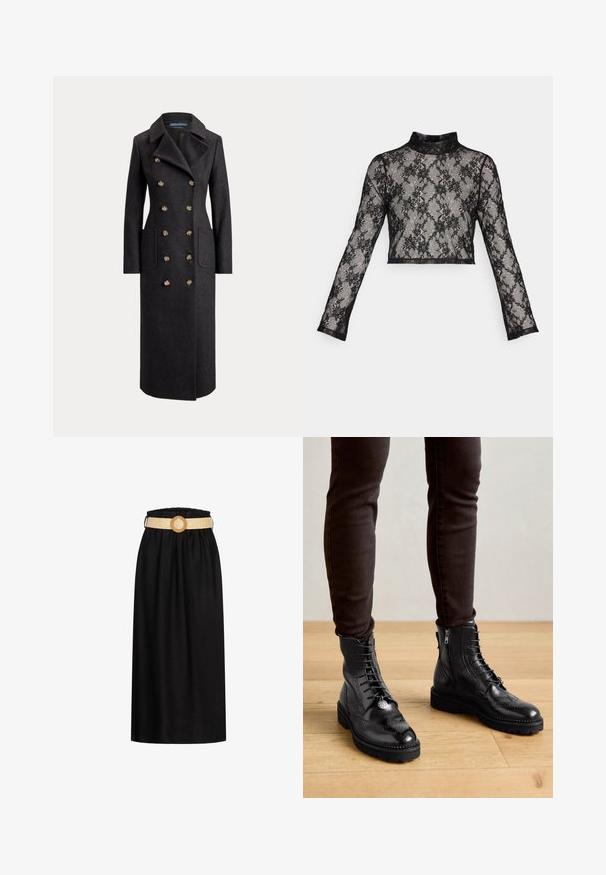 Abrigo largo de lana gris oscuro de doble botonadura con solapas anchas, seis botones dorados, mangas largas y bolsillos de parche delanteros.; ONLY ONLHELENA HIGH NECK LACE - Camiseta de manga larga - black; Falda midi negra hecha de una tela suave, con una cinturilla elástica y un cinturón tejido beige con una hebilla circular.; Botas negras de cuero hasta el tobillo con detalles de brogue, cordones en la parte delantera, cremalleras laterales y suelas de goma texturizadas. Combinadas con pantalones oscuros de corte slim.