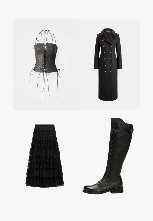Lang mørkegrå dobbeltradet uldfrakke med brede revers, seks gyldne knapper, lange ærmer og forlommer med klap.; Jaded London LONGLINE LACE UP HALTER CORSET - Top - black; Sort lagdelt nederdel lavet af tyl med flere flæse-lag og elastik i taljen, med en gennemsigtig tekstur og knælængde design.; Sorte læder knæhøje støvler med snørebånd foran, sølvøjer og sidebælte. Har en tekstureret overflade og stablet hæl.