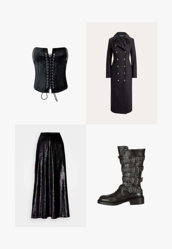 Long manteau en laine gris foncé à double boutonnage avec larges revers, six boutons dorés, manches longues et poches plaquées sur le devant.; Corset en satin noir avec une forme structurée, devant lacé avec des œillets argentés et une finition lisse. Dispose d'un décolleté droit sans bretelles.; Jupe midi noire en tissu brillant et texturé. Elle dispose d'une taille élastique et d'un design fluide, avec un éclat subtil sur l'ensemble.; Botte en cuir noir jusqu'au genou avec plusieurs boucles en argent et œillets, présentant un bout rond et un petit talon en bloc. Fini texturé.