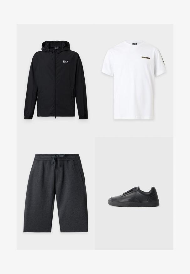 Veste noire à capuche avec fermeture éclair, poignets élastiques et logo EA7 Emporio Armani sur la poitrine, présentée sur un fond blanc.; T-shirt blanc à manches courtes avec un petit patch logo EA7 Emporio Armani sur la poitrine gauche et une étiquette de marque à l'intérieur du col.; Shorts gris foncé jusqu'au genou avec taille élastique et cordon à l'avant, avec poches latérales sur fond uni.; Chaussure de sport en cuir noir avec une finition lisse, bout arrondi, panneau latéral texturé et lacets noirs. Présente une semelle en caoutchouc plate et un design minimaliste.