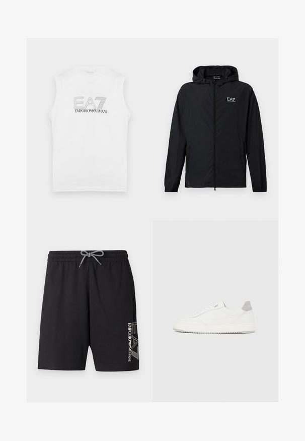 Veste noire à capuche avec fermeture éclair, poignets élastiques et logo EA7 Emporio Armani sur la poitrine, présentée sur un fond blanc.; Chemise sans manches blanche avec le logo "EA7 Emporio Armani" en contour noir centré sur le devant.; Shorts de bain noirs en tissu doux, dotés d'une taille élastique avec cordon de serrage, de poches latérales et d'un logo blanc imprimé sur une jambe.; Baskets basses blanches avec un onglet de talon gris, des lacets blancs et une semelle texturée, présentées sur un fond uni clair.