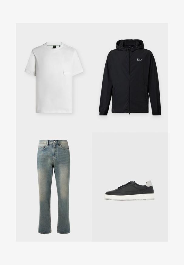 Veste noire à capuche avec fermeture éclair, poignets élastiques et logo EA7 Emporio Armani sur la poitrine, présentée sur un fond blanc.; T-shirt blanc uni à manches courtes et col rond avec un petit patch rectangulaire sur la poitrine gauche et une étiquette noire à l'intérieur du col.; Jean en denim bleu clair avec une jambe droite, taille mi-haute et décoloration subtile. Comprend un style de poche classique et des coutures contrastées.; Baskets basses noires avec semelle blanche et languette grise au talon, vue de profil sur un fond blanc uni.