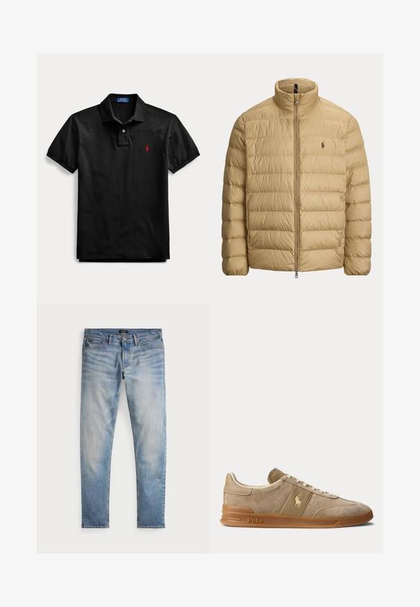 Beige doorgestikte donzen jas met opstaande kraag, een volledige ritssluiting aan de voorkant en een klein geborduurd logo op de linkerborst.; Zwarte korte mouwen polo met kraag, tweeknops sluiting en klein rood geborduurd logo op de linkerborst.; Lichtblauwe denim jeans met een vervaagde afwerking, vijfzakkenontwerp en contrasterende stiksels. Heeft een ritssluiting en riemlussen. Rechte snit.; Beige suède en leren lage sneaker met gumzool, witte veters en Polo-logo op de zijkant en zool.