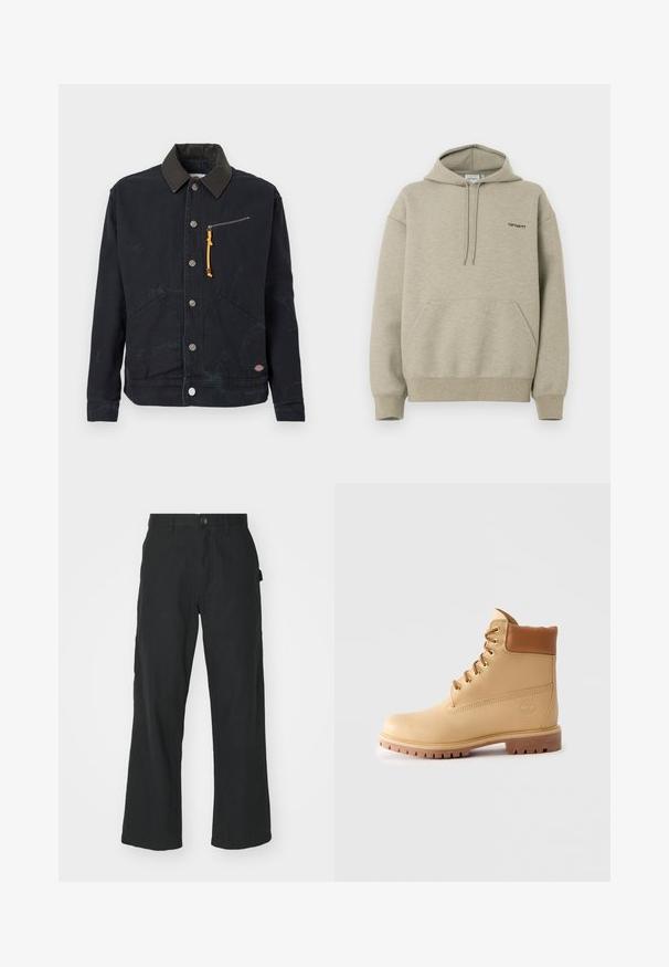Schwarze Button-Up-Jacke mit dunklem Kontrastkragen, zwei Vordertaschen, einer Reißverschluss-Brusttasche mit gelbem Zugband und einem kleinen Logo-Patch.; Hellbeiger Kapuzenpullover aus weichem Stoff. Verfügt über eine Fronttasche, gerippte Bündchen und ein kleines schwarzes Logo auf der Brust.; Schwarze, weit geschnittene Hosen aus leichtem Material, mit Knopfverschluss, Fronttaschen und glatter Textur.; Hellbraune Leder-Ankle-Boots mit gepolstertem Kragen, goldenen Ösen, braunen Schnürsenkeln und dicker Profilsohle auf hellem, einfarbigem Hintergrund.