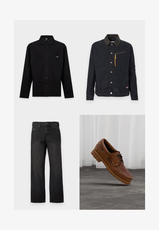 Veste noire à boutons avec col foncé en contraste, deux poches avant, une poche poitrine zippée avec tirette jaune et un petit patch logo.; Chemise noire à manches longues boutonnée avec deux poches poitrine, dont l’une arbore un écusson coloré du logo de la marque.; Jean en denim noir à coupe droite, avec fermeture par boutons, passants pour ceinture et cinq poches. Le tissu présente une finition lisse avec une légère texture.; Chaussure de bateau en cuir marron avec des lacets noirs, des coutures beiges et une semelle robuste, suspendue au-dessus d'un sol en béton gris.