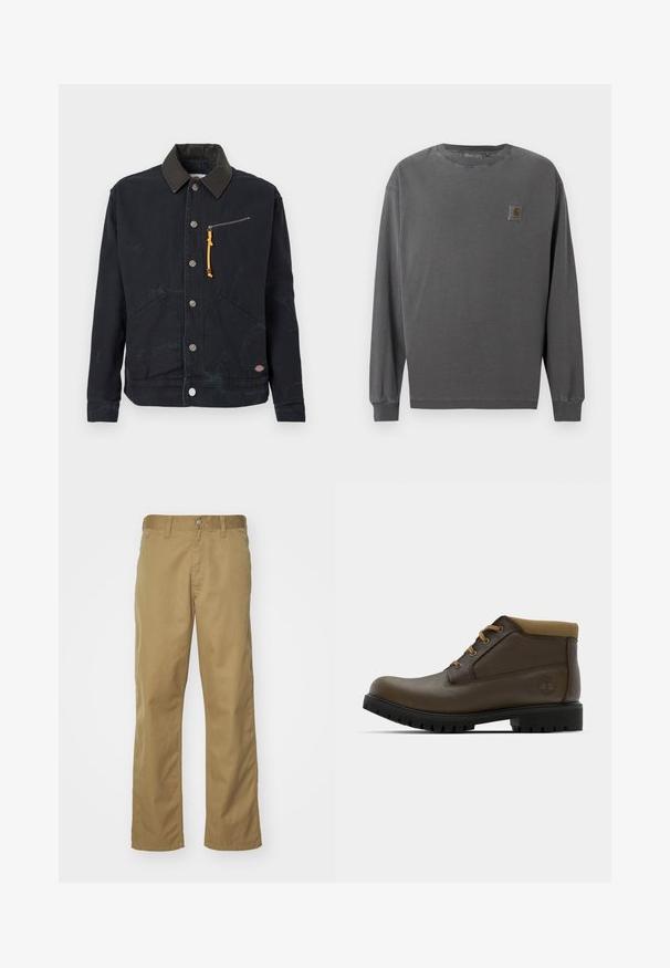 Zwarte button-up jas met een donkere contrasterende kraag, twee voorzakken, een ritszak op de borst met een gele trekstrip en een klein logo patch.; Langarmshirt van donkergrijze katoen. Heeft een ronde hals, elastische manchetten en een klein vierkant logo op de linkerborst.; Khaki chino's met een recht gesneden ontwerp, gemaakt van soepel katoenstof. Voorzien van een knoopsluiting aan de voorkant en zijzakken.; Bruine leren enkellaarzen met een gestructureerde afwerking, tan kleurige stoffen boord, zwarte rubberen zool en bruine veters. Timberland-logo ingedrukt op de zijkant.