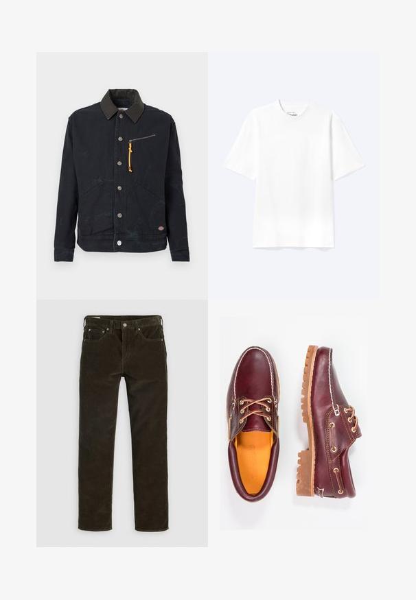 Zwarte button-up jas met een donkere contrasterende kraag, twee voorzakken, een ritszak op de borst met een gele trekstrip en een klein logo patch.; Effen witte T-shirt met korte mouwen en ronde hals, met een losse pasvorm, weergegeven op een lichte achtergrond.; Bruine corduroy broek met een recht gesneden pasvorm, vijf zakken, zichtbare stiksels en een gestructureerde stofafwerking. Metalen knoopsluiting aan de taille.; Bordeaux leren schoenen met bruine rubberen zolen, ronde neus, witte stiksels en gouden veterogen. Het interieur heeft een gele voering.