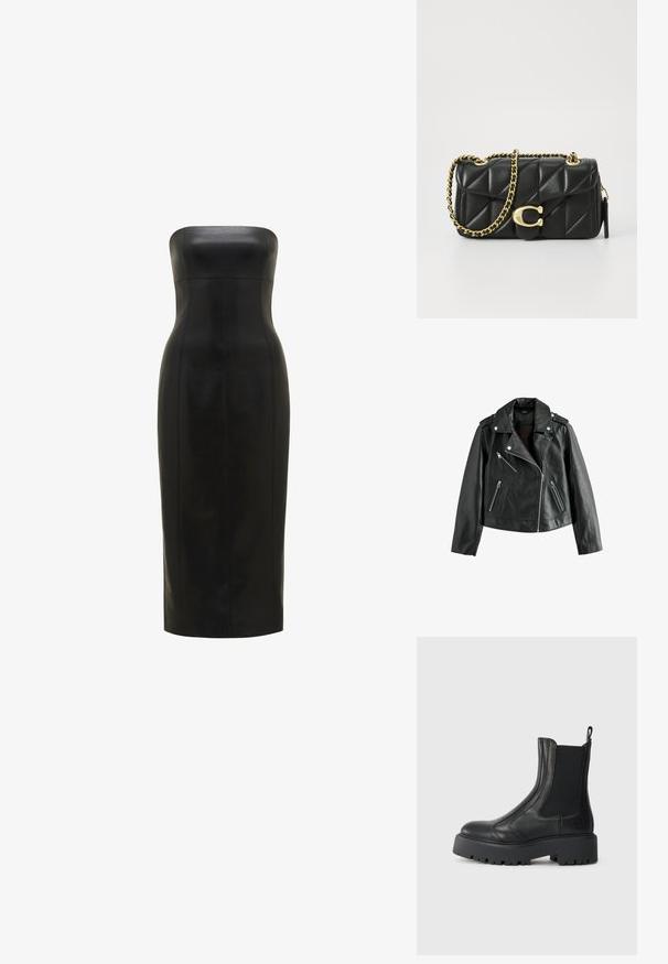 Schwarze Leder-Bikerjacke mit asymmetrischem Frontreißverschluss, silbernen Reißverschlüssen an drei Taschen, weitem Kragen und Schulterklappen.; Schwarzes, trägerloses Lederkleid mit einer figurbetonten Silhouette, knielang, glatte Textur und vertikale Nähte für Definition.; Schwarze Lederknöchelstiefel mit elastischen seitlichen Einsätzen, einer abgerundeten Spitze und einer grob strukturierten Gummisohle. Mit einem Ziehschlaufen an der Rückseite.; Schwarze, gesteppten Lederhandtasche mit einer goldfarbenen Kettenriemen und einem Drehverschluss, der mit einem runden Akzent verziert ist. Kompakte rechteckige Form.