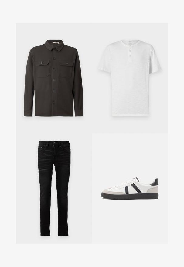 Camisa de botón gris oscuro, hecha de una tela suave, con cuello, dos bolsillos en el pecho y mangas largas con puños abotonados.; Camiseta henley blanca de manga corta con botón de tres, hecha de un tejido ligero y ligeramente texturizado. Cuello redondo, ajuste casual.; Jeans negros ajustados con una textura de denim suave, diseño tradicional de cinco bolsillos, cierre con cremallera y detalles de desvanecimiento sutil en la tela.; Zapatilla blanca con acentos en negro y gris, que presenta una puntera texturizada en gris, suela de goma negra y cordones planos blancos. Diseño limpio, estilo minimalista.