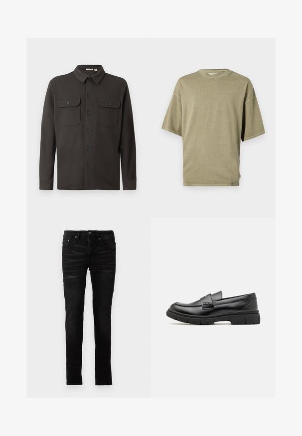 Dunkelgrauhemden aus weichem Stoff, mit Kragen, zwei Brusttaschen und langen Ärmeln mit geknöpften Manschetten.; Olivgrünes T-Shirt mit kurzen Ärmeln aus weichem Stoff, mit rundem Halsausschnitt und einem lockeren Schnitt, versehen mit genähten Säumen.; Schwarze Skinny-Jeans mit einer glatten Denim-Oberfläche, traditionellem Fünf-Taschen-Design, Reißverschluss und dezenten Ausbleichungen auf dem Stoff.; Schwarze Lederloafer mit einem breiten Riemen über dem Rist, Gummisohle mit dicken Profilen und glatter Textur. Klassisches, schlankes Design.