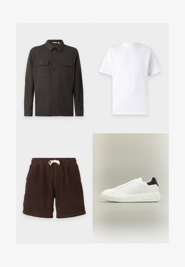 Chemise boutonnée gris foncé en tissu doux, dotée d'un col, de deux poches poitrine et de manches longues avec des poignets boutonnés.; T-shirt blanc à manches courtes en coton avec un col rond, présentant une texture lisse et un design simple, sans motifs ni accents.; Shorts en velours côtelé brun avec une taille élastique, une fermeture à cordon de serrage et des poches latérales. Le tissu présente un motif côtelé vertical et une finition texturée.; Baskets basses blanches avec une semelle épaisse, fermeture à lacets sur le devant et languette de talon noire, marquées "Steve Madden" sur la semelle latérale.