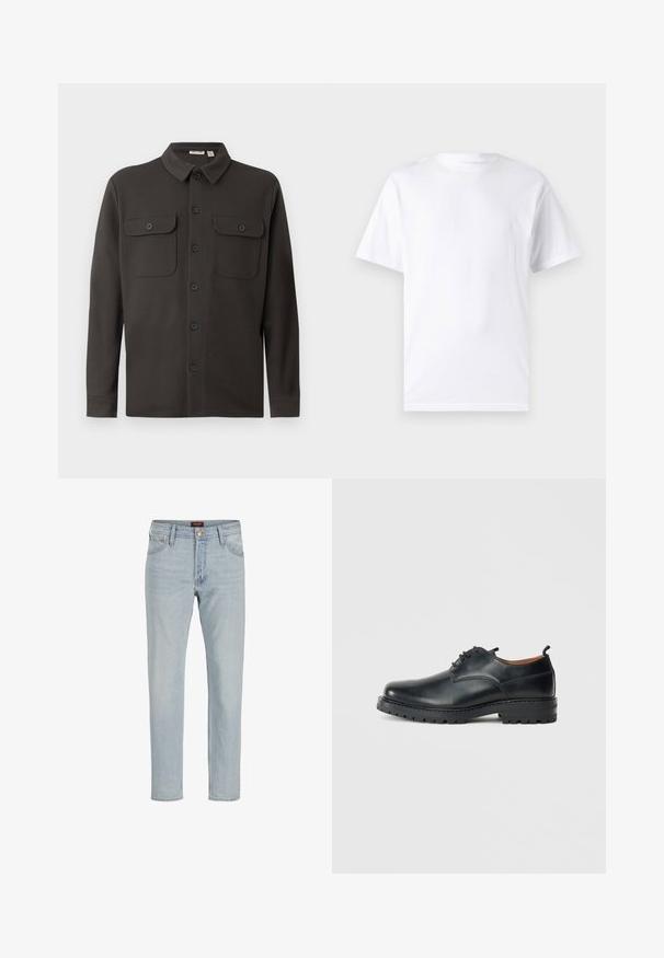 Donkergrijs overhemd met knopen, gemaakt van zachte stof, met een kraag, twee borstzakken en lange mouwen met knoopmanchetten.; Witte T-shirt met korte mouwen, gemaakt van katoen, met een ronde hals. Het heeft een gladde textuur en een eenvoudig ontwerp zonder patronen of accenten.; Lichtblauwe denim jeans met een rechte snit, vijf zakken, knoopsluiting en een licht vervaagde textuur.; Zwarte leren derby schoenen met een gladde textuur, ronde neus, vetersluiting en een dikke, robuuste rubberen zool.