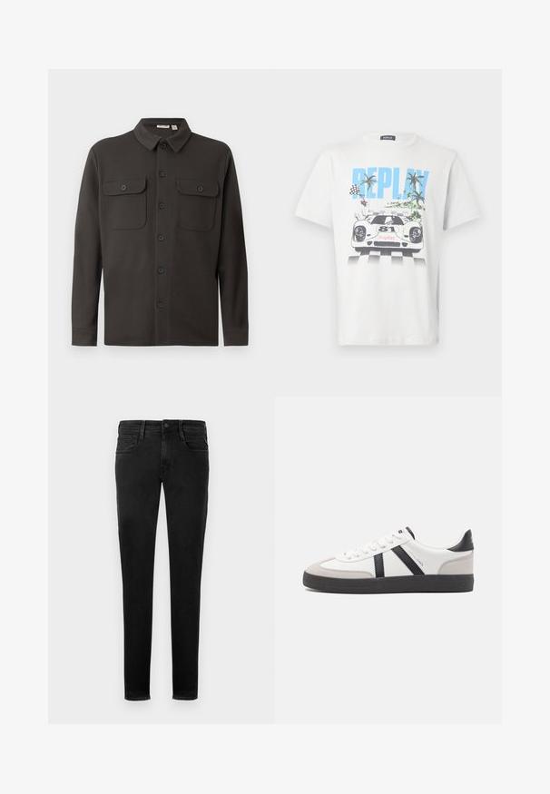 Dunkelgrauhemden aus weichem Stoff, mit Kragen, zwei Brusttaschen und langen Ärmeln mit geknöpften Manschetten.; Weißes Baumwoll-T-Shirt mit einem bunten Motiv eines Rennwagens, Palmen und Schachbrett-Flaggen, mit dem Schriftzug "REPLAY" gut sichtbar.; Schwarze Denim-Jeans, Slim-Fit, Fünf-Taschen-Design, sichtbare Nähte, Frontknopfverschluss und minimalistisches Branding-Detail an der Hintertasche.; Weiße Sneaker mit schwarz- und grau-aczenten, ausgestattet mit einer strukturierten grauen Zehenkappe, schwarzer Gummi-Sohle und flachen weißen Schnürsenkeln. Sauberes Design, minimalistische Stil.