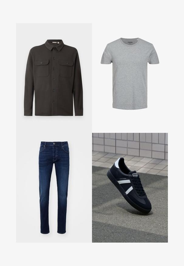 Camisa de botón gris oscuro, hecha de una tela suave, con cuello, dos bolsillos en el pecho y mangas largas con puños abotonados.; Camiseta gris de manga corta hecha de suave algodón. Presenta un cuello redondo clásico y un corte regular. Diseño sencillo sin patrones ni acentos.; Jeans de mezclilla ajustados en azul oscuro, con botón frontal, bolsillos, pasadores para cinturón y sutiles detalles de desvanecimiento en las piernas.; Zapatilla de cuero negra con rayas blancas, suela de goma texturizada y parte frontal con cordones. Cuenta con una etiqueta de marca en la lengüeta.