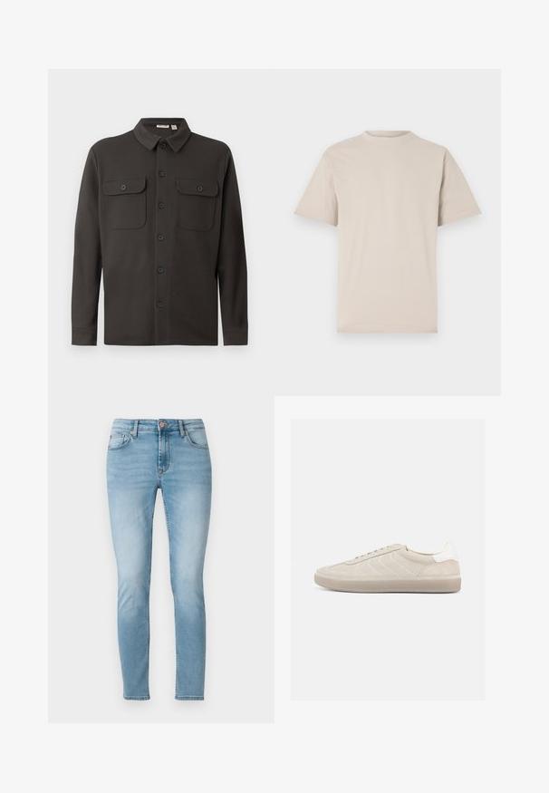 Mørkegrå skjorte med knaplukning lavet af blødt stof, der har en krave, to brystlommer og lange ærmer med knapmanchetter.; Beige kortærmet t-shirt med rund hals, lavet af glat bomuldsstof, med en afslappet pasform og uden synlige mønstre eller udsmykninger.; Lyseblå skinny jeans lavet af denim, med en mellemhøj talje, fem lommer og diskret fading på lårerne. Knaplukning i taljen.; Beige ruskindssneaker med en tekstureret overdel, glat hvid hælkappe, tynde snørebånd og en gummi-ydersål. Har et lavt profil design.