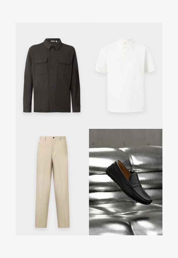 Donkergrijs overhemd met knopen, gemaakt van zachte stof, met een kraag, twee borstzakken en lange mouwen met knoopmanchetten.; Witte poloshirt van katoen met een klassiek kraag, korte mouwen, een twee-knopen sluiting en subtiel gestructureerde stof.; Beige broek gemaakt van lichte stof, met een rechte pijp, enkele plooien aan de voorkant en een knoopsluiting bij de taille.; Zwarte leren loafer die zweeft boven een glanzende zilvergrijze, gestoffeerde leren bank met zacht licht.